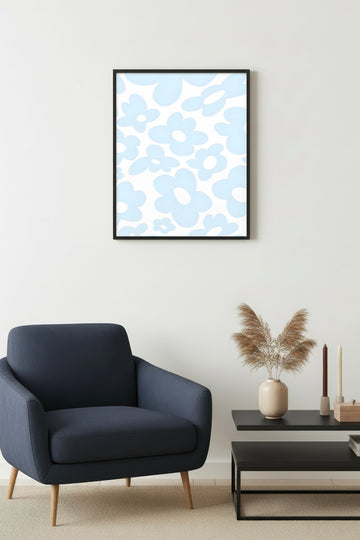 Doğal Ahşap Çerçeveli Retro Tablo - Pastel Mavi Çiçek Desenli | huhu2542