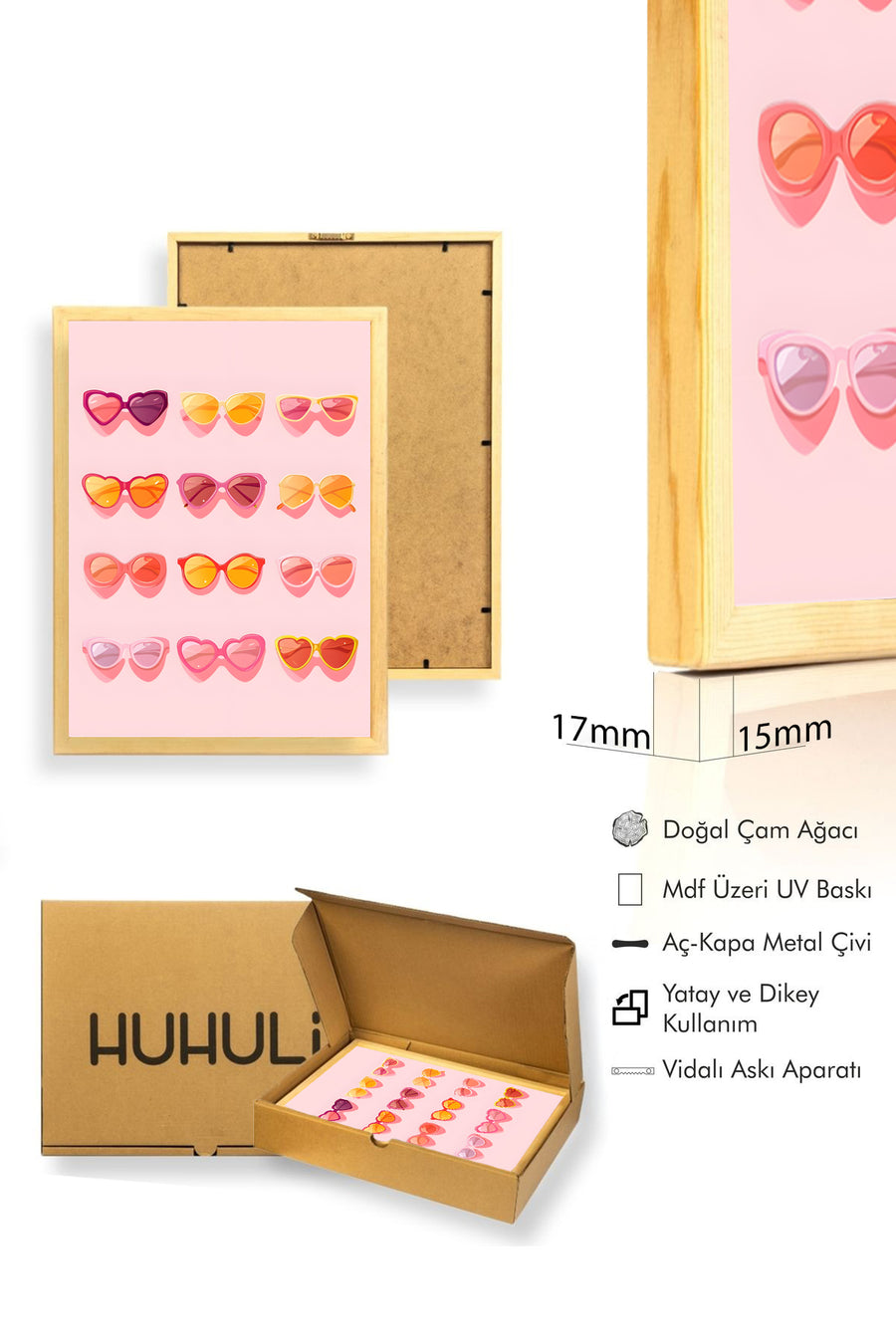 Doğal Ahşap Çerçeveli Retro Pop Art Gözlük - Pastel ve Canlı Tonlar | huhu2543