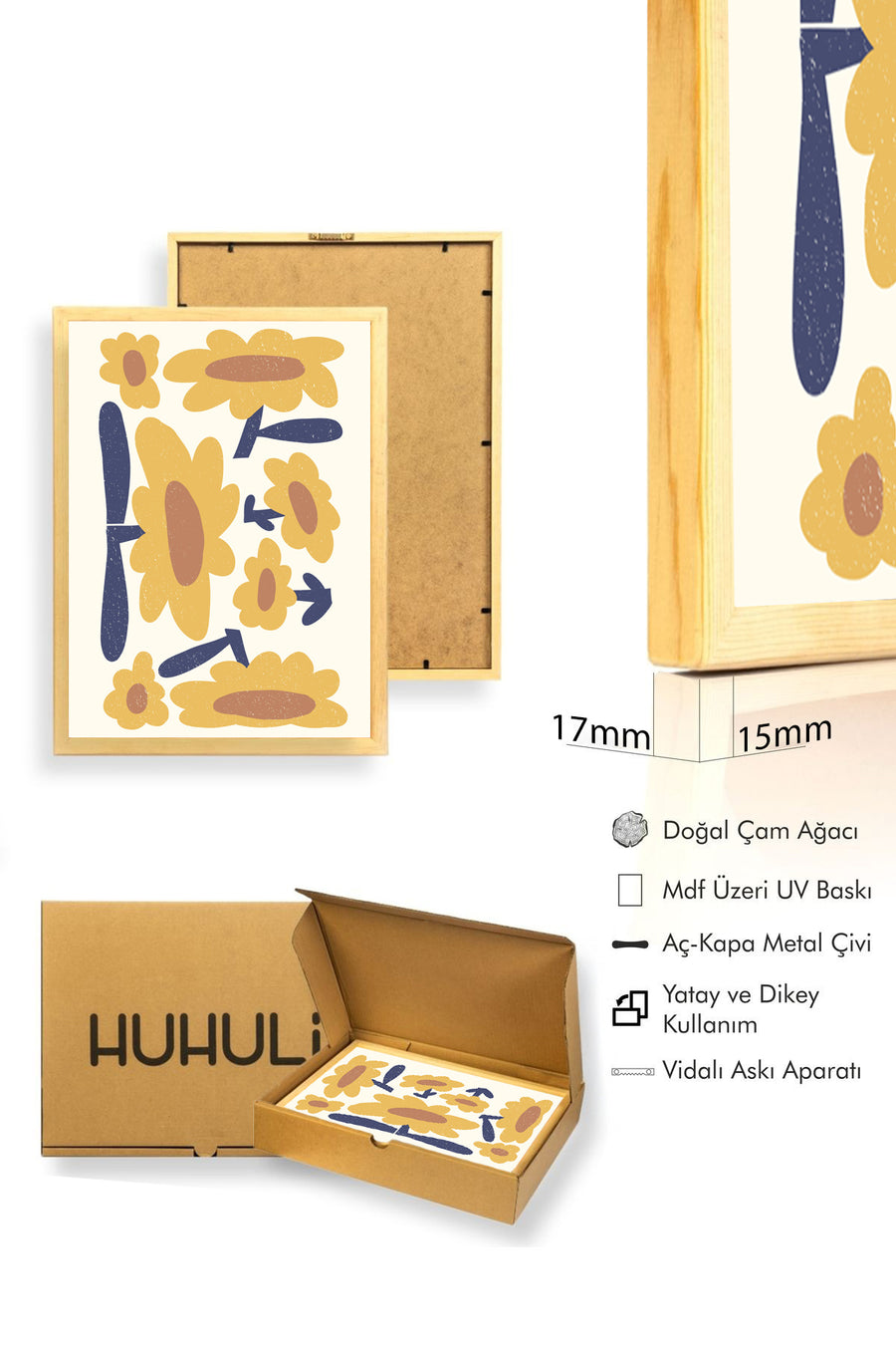 Doğal Ahşap Çerçeveli Retro Floral Tablo - Hardal Sarısı ve Lacivert | huhu2544