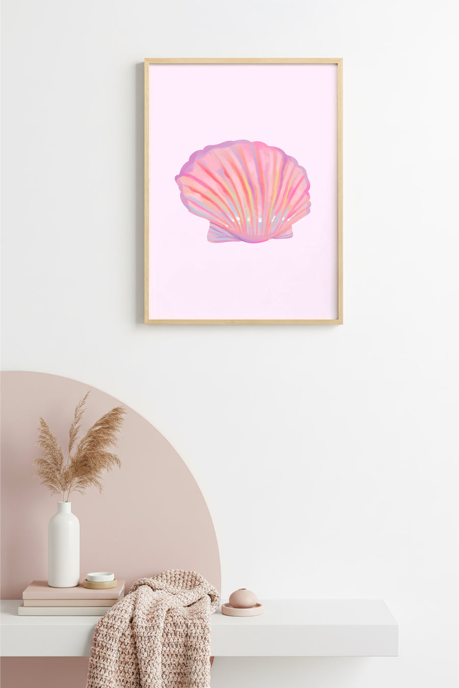 Doğal Ahşap Çerçeveli Retro Deniz Kabuğu Tablo - Pastel Tonlar | huhu2546