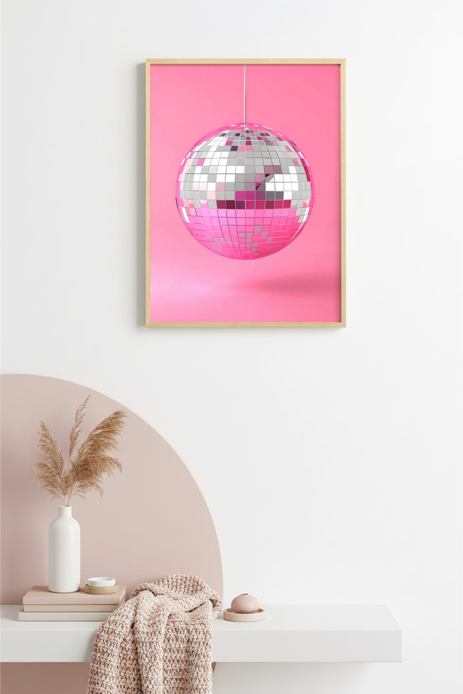 Doğal Ahşap Çerçeveli Retro Disco Geometrik Tablo - Parlak Küre | huhu2547