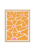 Doğal Ahşap Çerçeveli Retro Çiçek Desenli Tablo - Turuncu Pembe | huhu2548