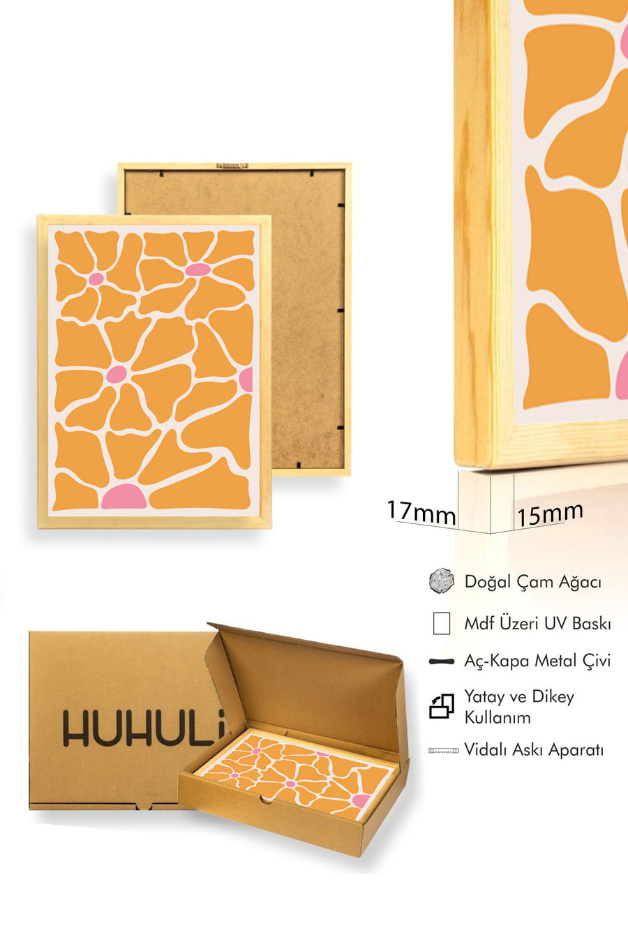 Doğal Ahşap Çerçeveli Retro Çiçek Desenli Tablo - Turuncu Pembe | huhu2548