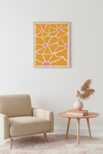 Doğal Ahşap Çerçeveli Retro Çiçek Desenli Tablo - Turuncu Pembe | huhu2548