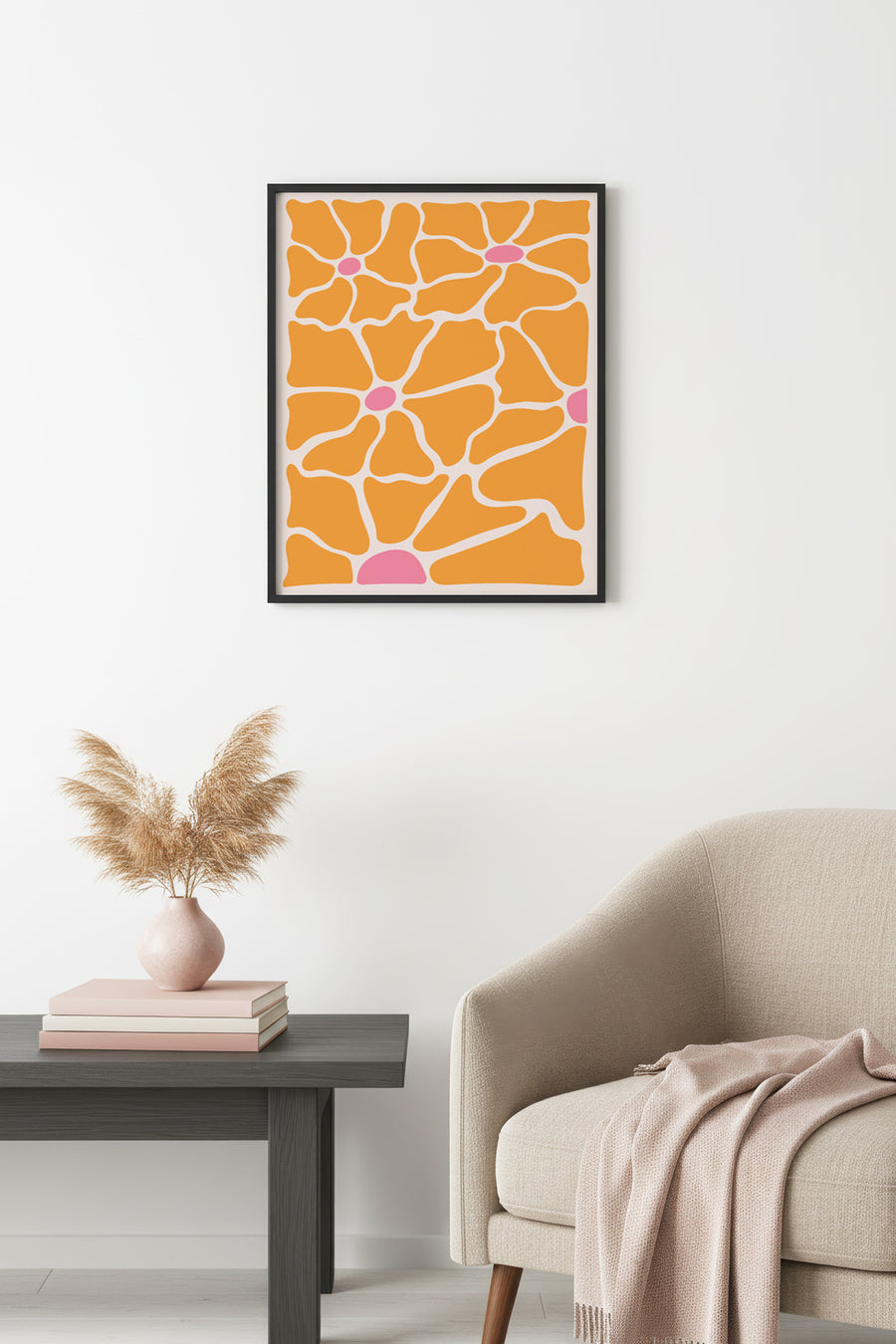 Doğal Ahşap Çerçeveli Retro Çiçek Desenli Tablo - Turuncu Pembe | huhu2548