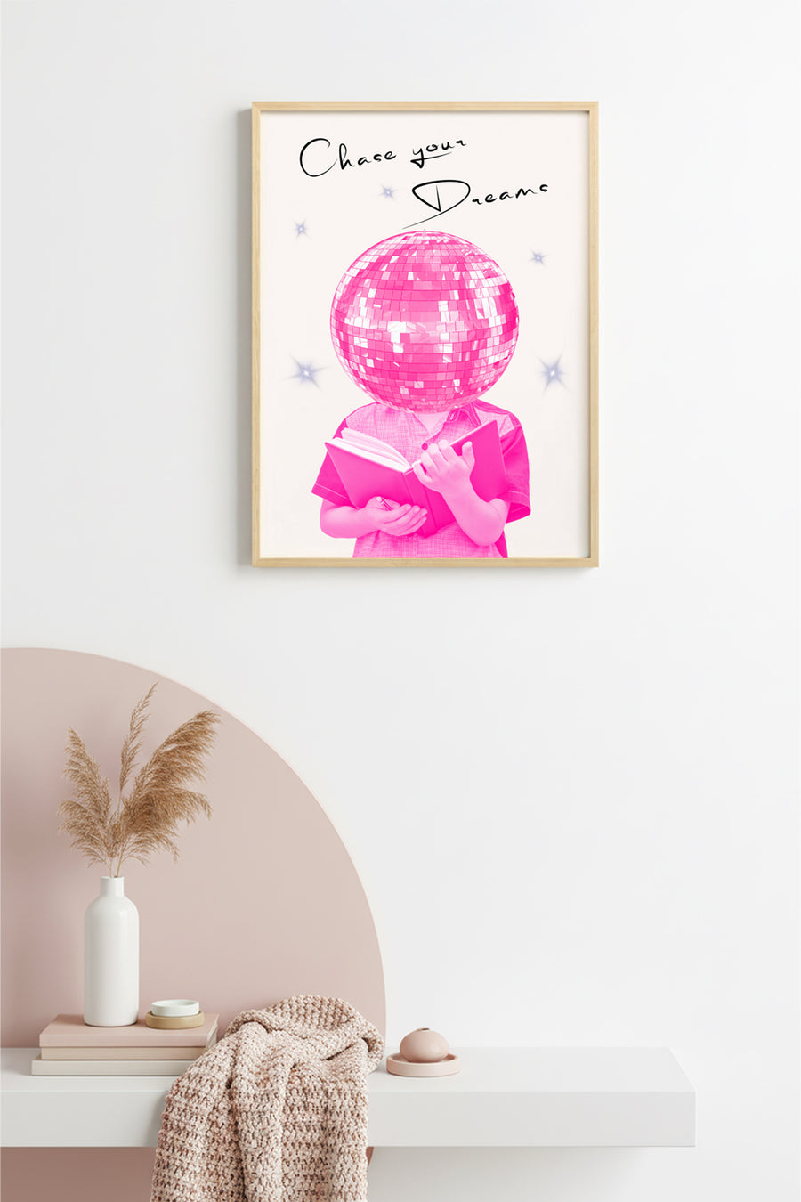 Doğal Ahşap Çerçeveli Retro Tablo - Pembe Disco Topu Portre Sanatı | huhu2549