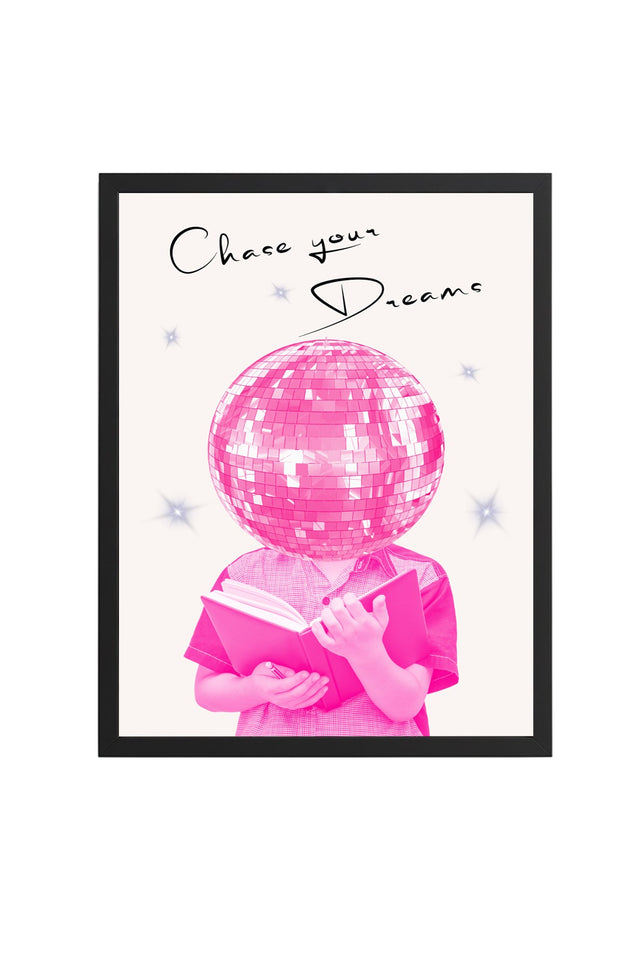 Doğal Ahşap Çerçeveli Retro Tablo - Pembe Disco Topu Portre Sanatı | huhu2549