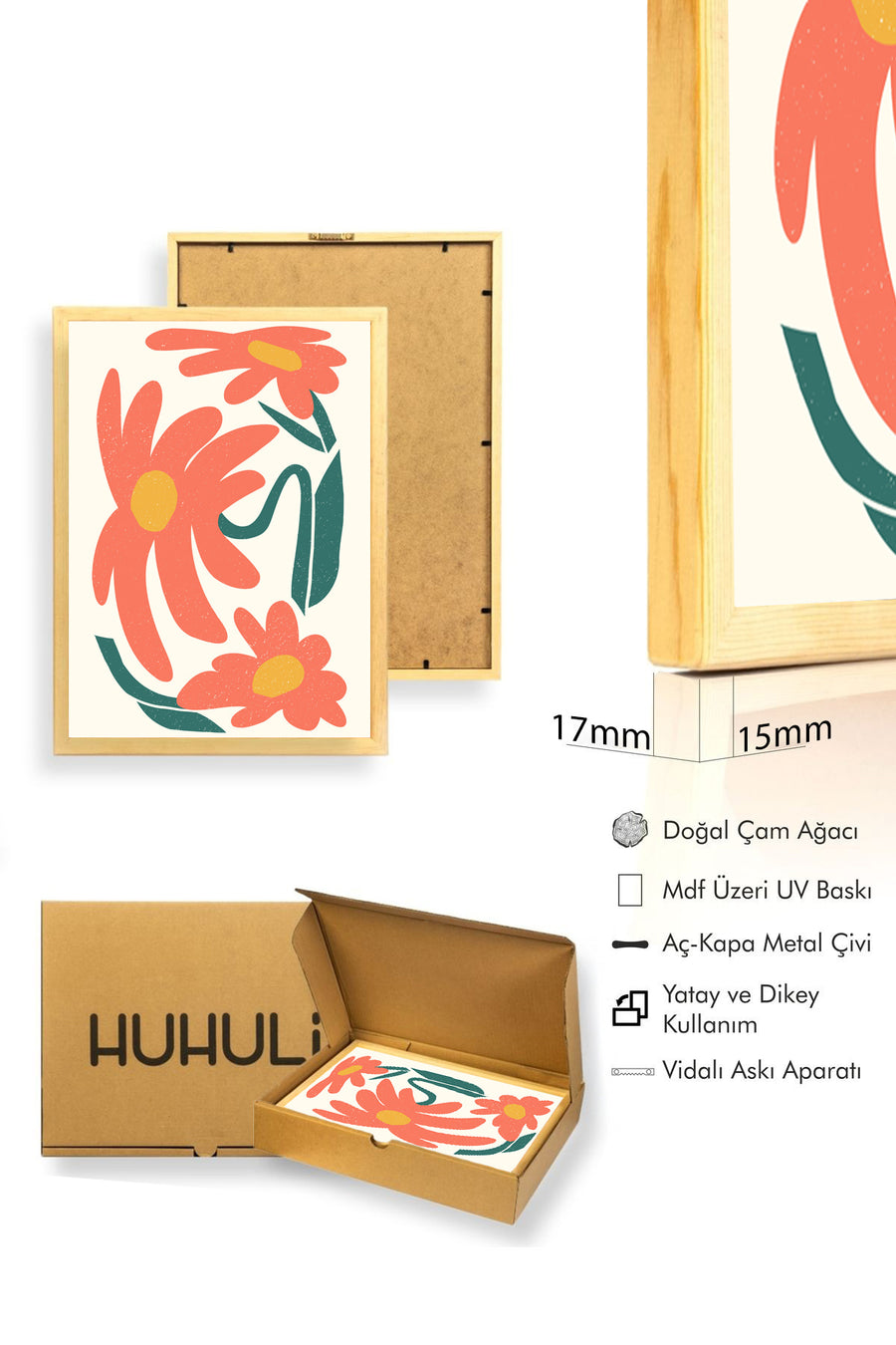 Doğal Ahşap Çerçeveli Retro Floral Tablo - Turuncu Çiçek Desenli | huhu2551