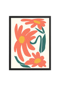 Doğal Ahşap Çerçeveli Retro Floral Tablo - Turuncu Çiçek Desenli | huhu2551