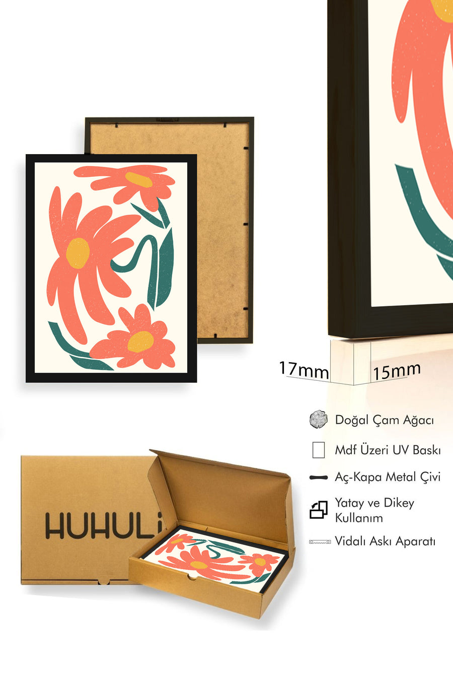 Doğal Ahşap Çerçeveli Retro Floral Tablo - Turuncu Çiçek Desenli | huhu2551