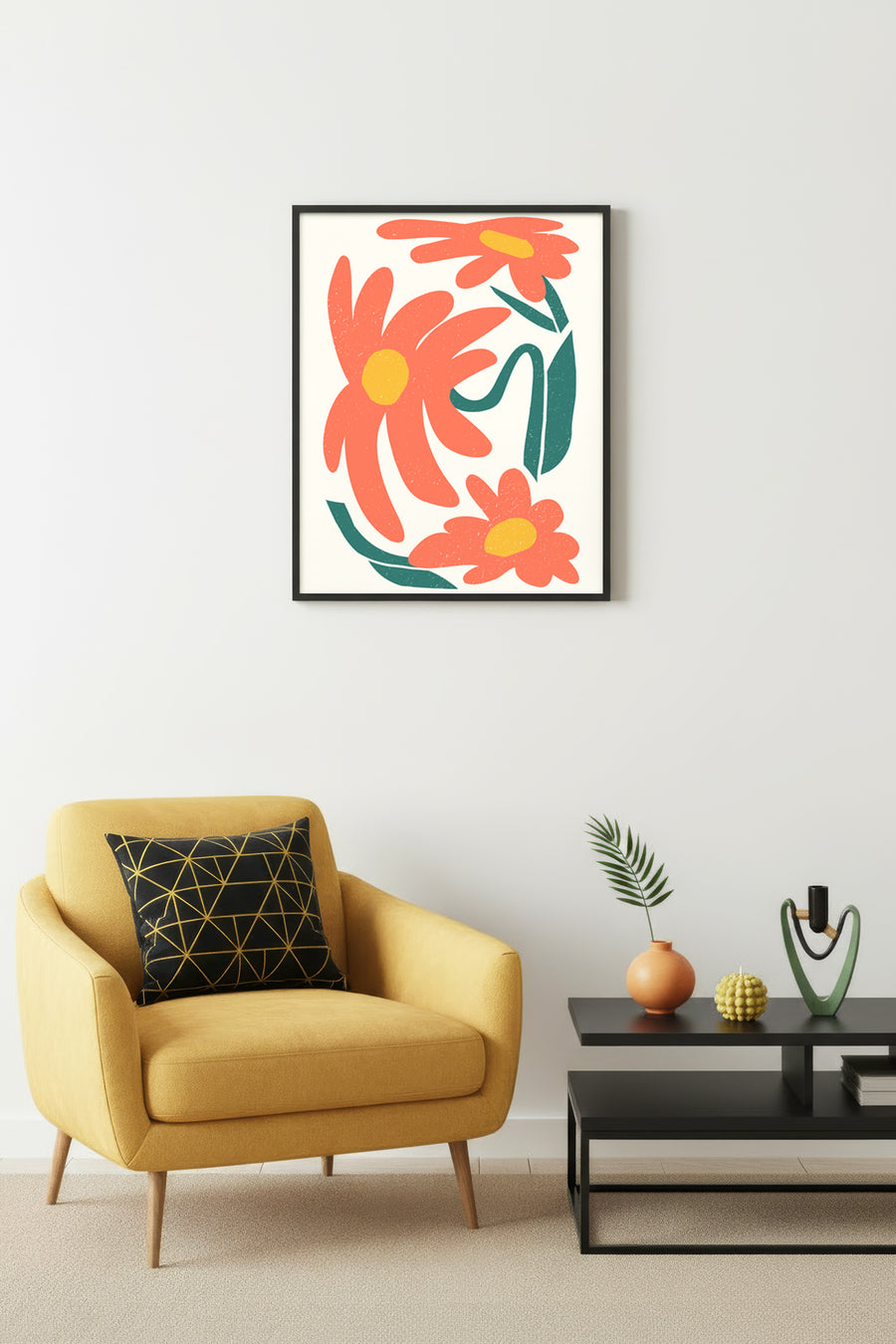 Doğal Ahşap Çerçeveli Retro Floral Tablo - Turuncu Çiçek Desenli | huhu2551
