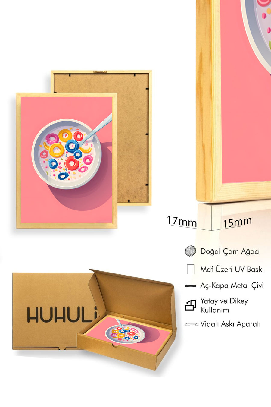 Doğal Ahşap Çerçeveli Retro Tablo - Canlı Pop Art Desenleri | huhu2552