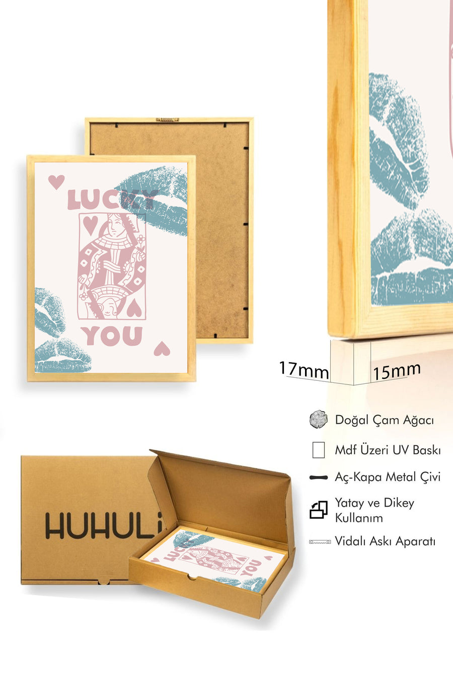 Doğal Ahşap Çerçeveli Retro Tablo - Boho Tarzı Kadın Portresi - Pembe | huhu2553