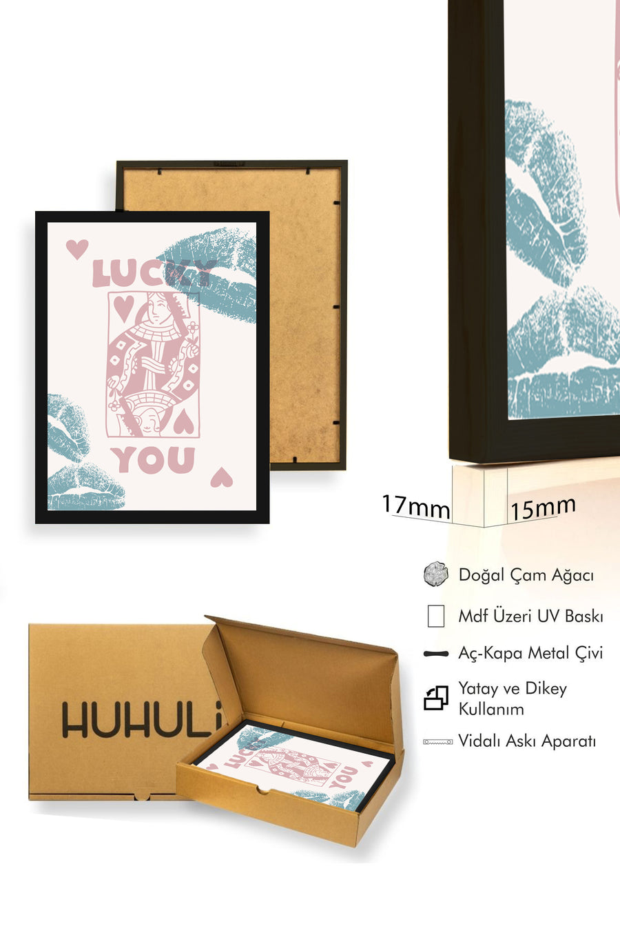 Doğal Ahşap Çerçeveli Retro Tablo - Boho Tarzı Kadın Portresi - Pembe | huhu2553