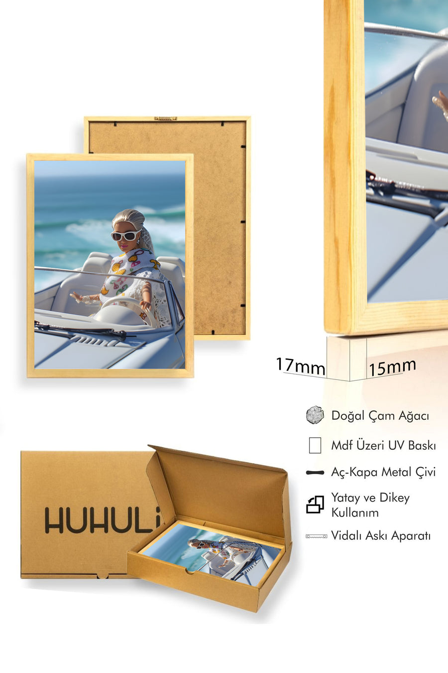 Doğal Ahşap Çerçeveli Retro Tablo - Vintage Desenli | huhu2557