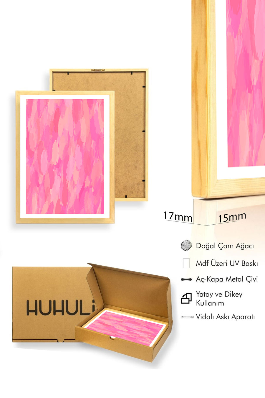Doğal Ahşap Çerçeveli Retro Soyut Tablo - Pastel Pembe Tonlar | huhu2560