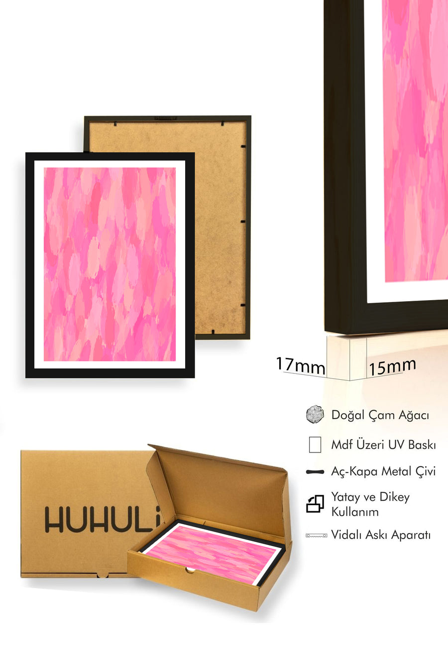 Doğal Ahşap Çerçeveli Retro Soyut Tablo - Pastel Pembe Tonlar | huhu2560