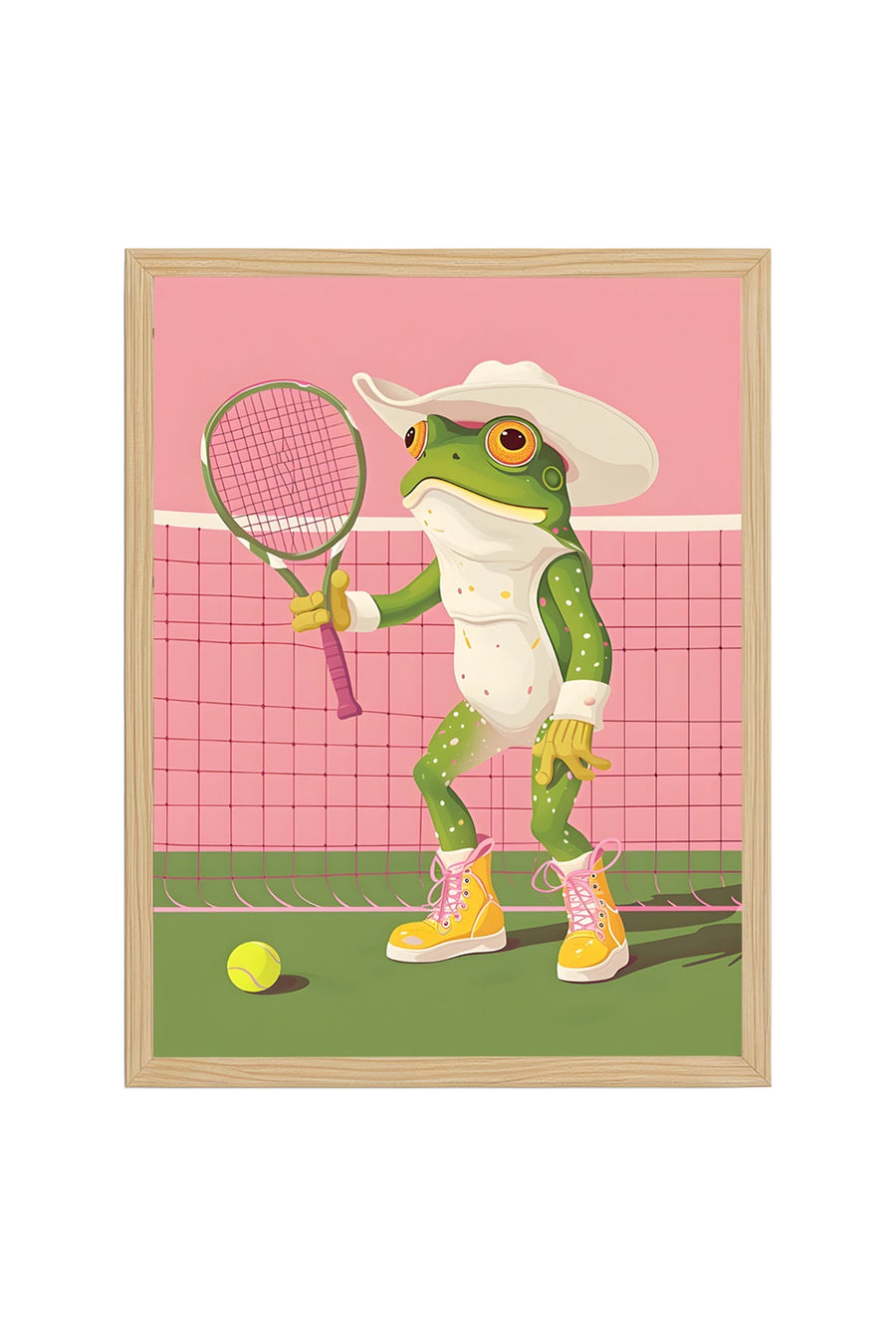 Doğal Ahşap Çerçeveli Retro Tablo - Spor Kurbağa Figürü - Canlı Tonlar | huhu2561