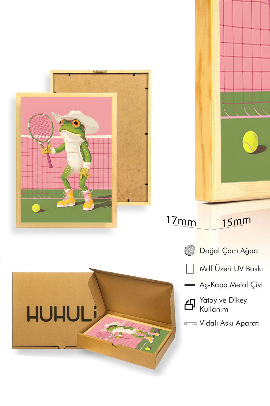 Doğal Ahşap Çerçeveli Retro Tablo - Spor Kurbağa Figürü - Canlı Tonlar | huhu2561