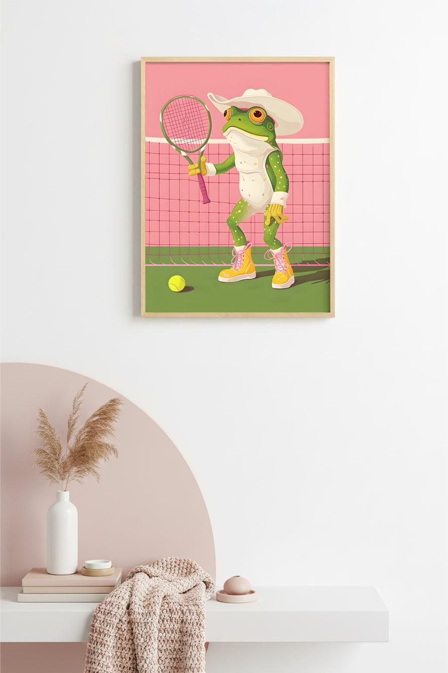 Doğal Ahşap Çerçeveli Retro Tablo - Spor Kurbağa Figürü - Canlı Tonlar | huhu2561