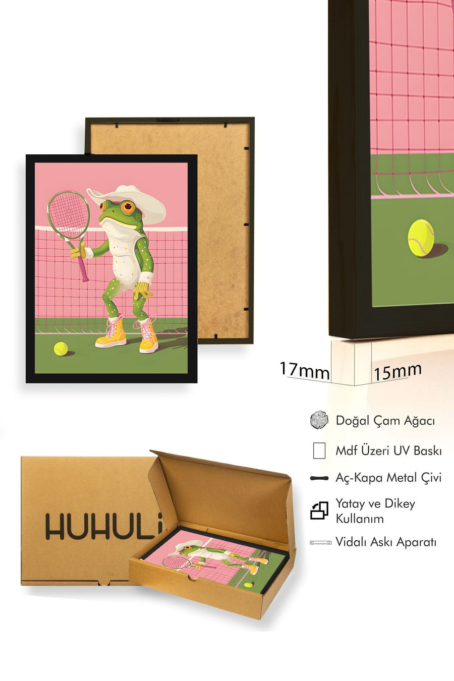 Doğal Ahşap Çerçeveli Retro Tablo - Spor Kurbağa Figürü - Canlı Tonlar | huhu2561