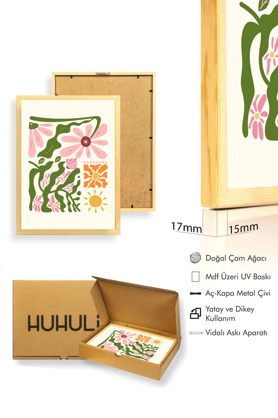 Doğal Ahşap Çerçeveli Retro Boho Çiçek Tablo - Pastel Tonlar | huhu2565