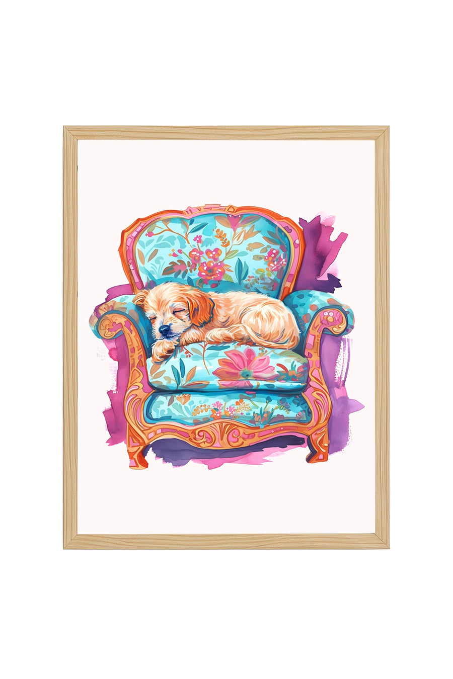 Doğal Ahşap Çerçeveli Retro Köpek Tablo - Floral Desenli Dekoratif | huhu2566