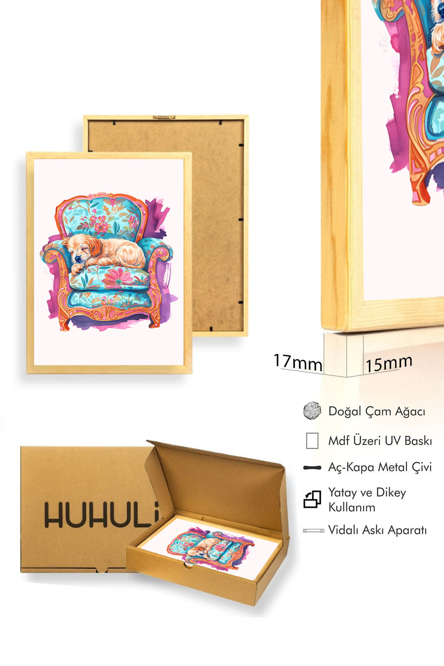 Doğal Ahşap Çerçeveli Retro Köpek Tablo - Floral Desenli Dekoratif | huhu2566