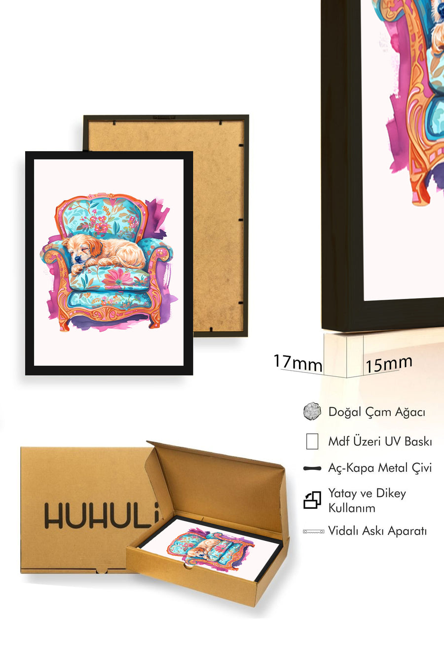 Doğal Ahşap Çerçeveli Retro Köpek Tablo - Floral Desenli Dekoratif | huhu2566