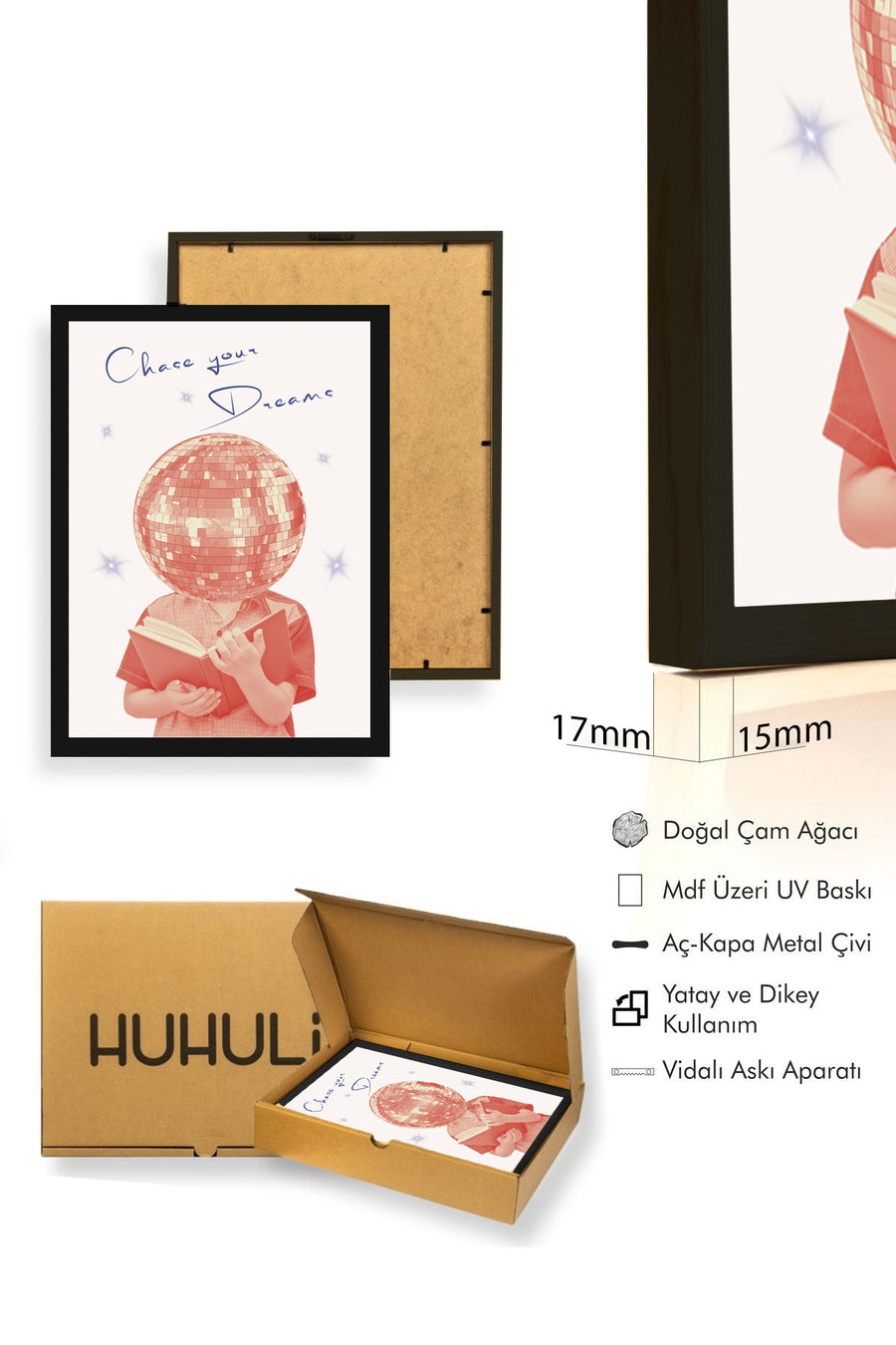 Doğal Ahşap Çerçeveli Retro Tablo - Pembe Geometrik Disco Desenli | huhu2567