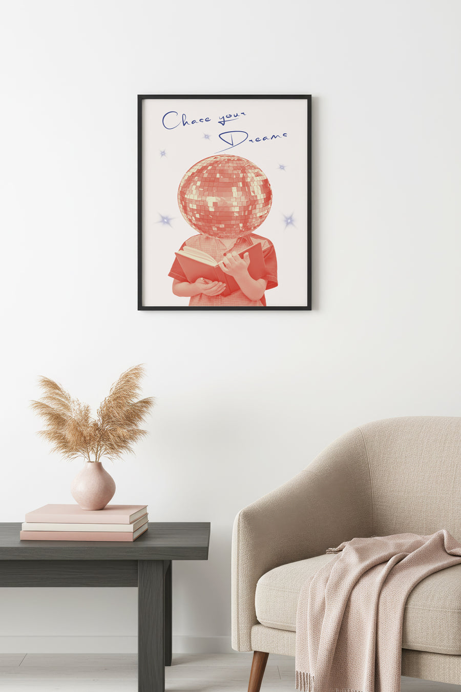 Doğal Ahşap Çerçeveli Retro Tablo - Pembe Geometrik Disco Desenli | huhu2567