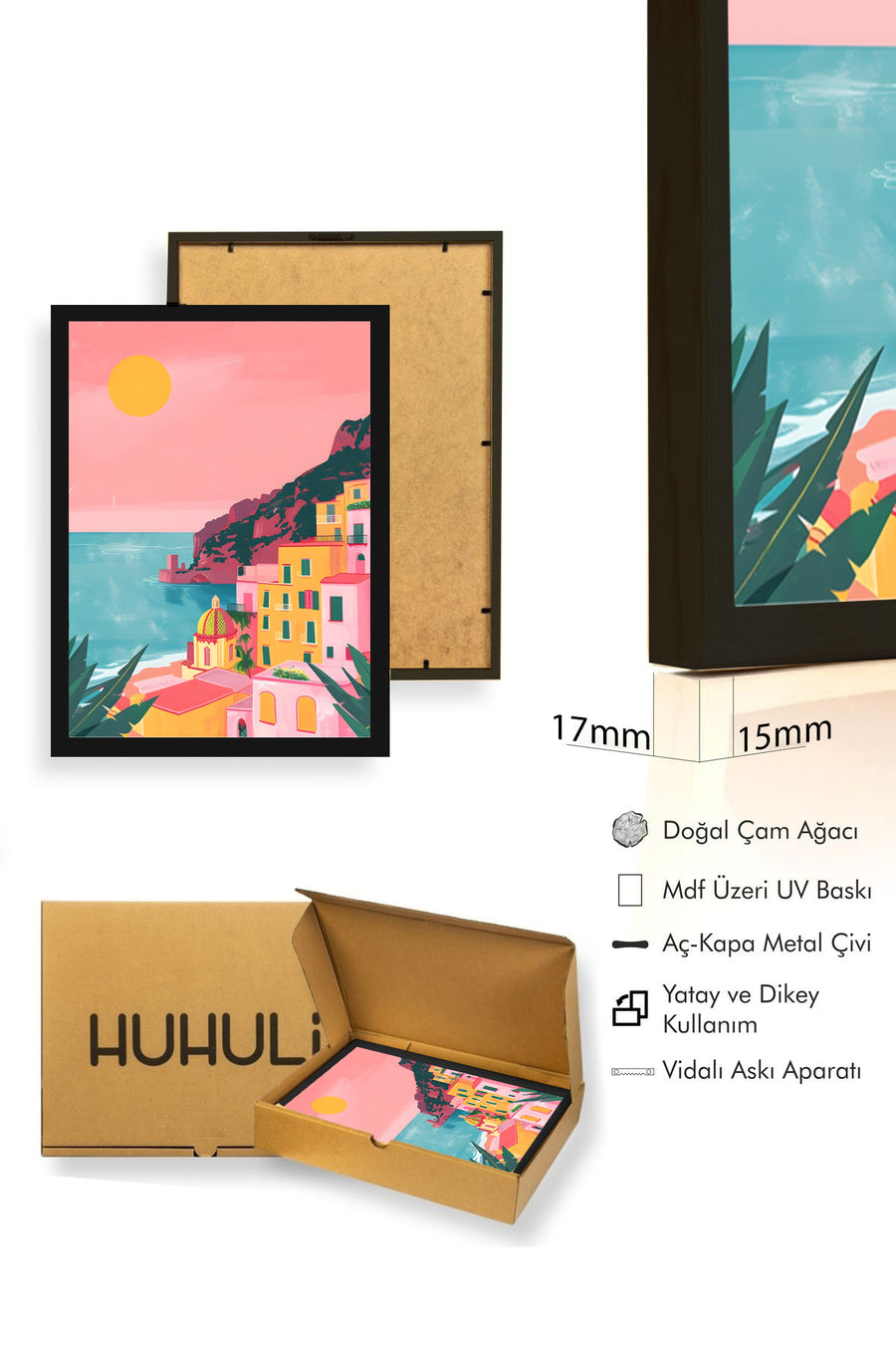 Doğal Ahşap Çerçeveli Retro Tablo - Akdeniz Sahili Pastel Tonlar | huhu2568