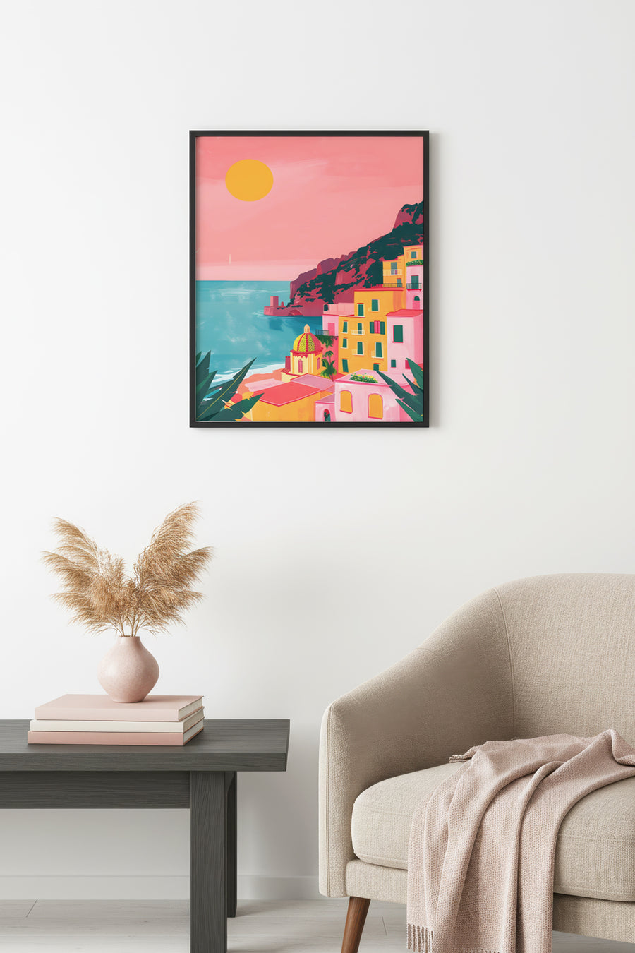Doğal Ahşap Çerçeveli Retro Tablo - Akdeniz Sahili Pastel Tonlar | huhu2568