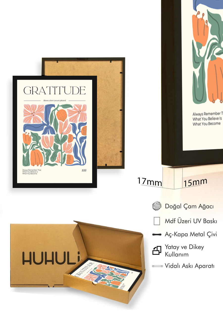 Doğal Ahşap Çerçeveli Retro Tablo - Pastel Botanik Çiçek Desenli | huhu2569