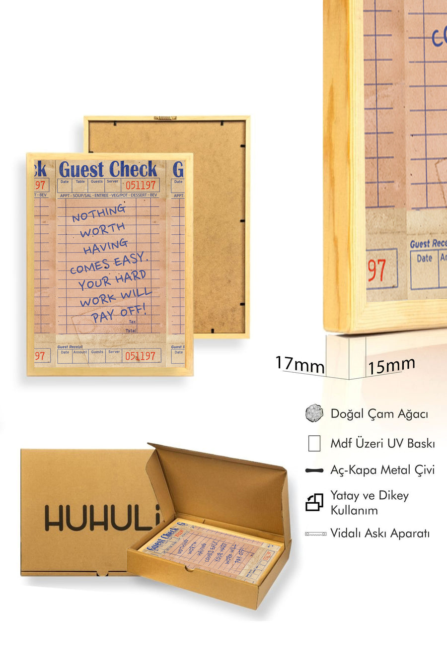 Doğal Ahşap Çerçeveli Vintage Retro Tablo - Motivasyonel Sözlü Diner Check | huhu2570
