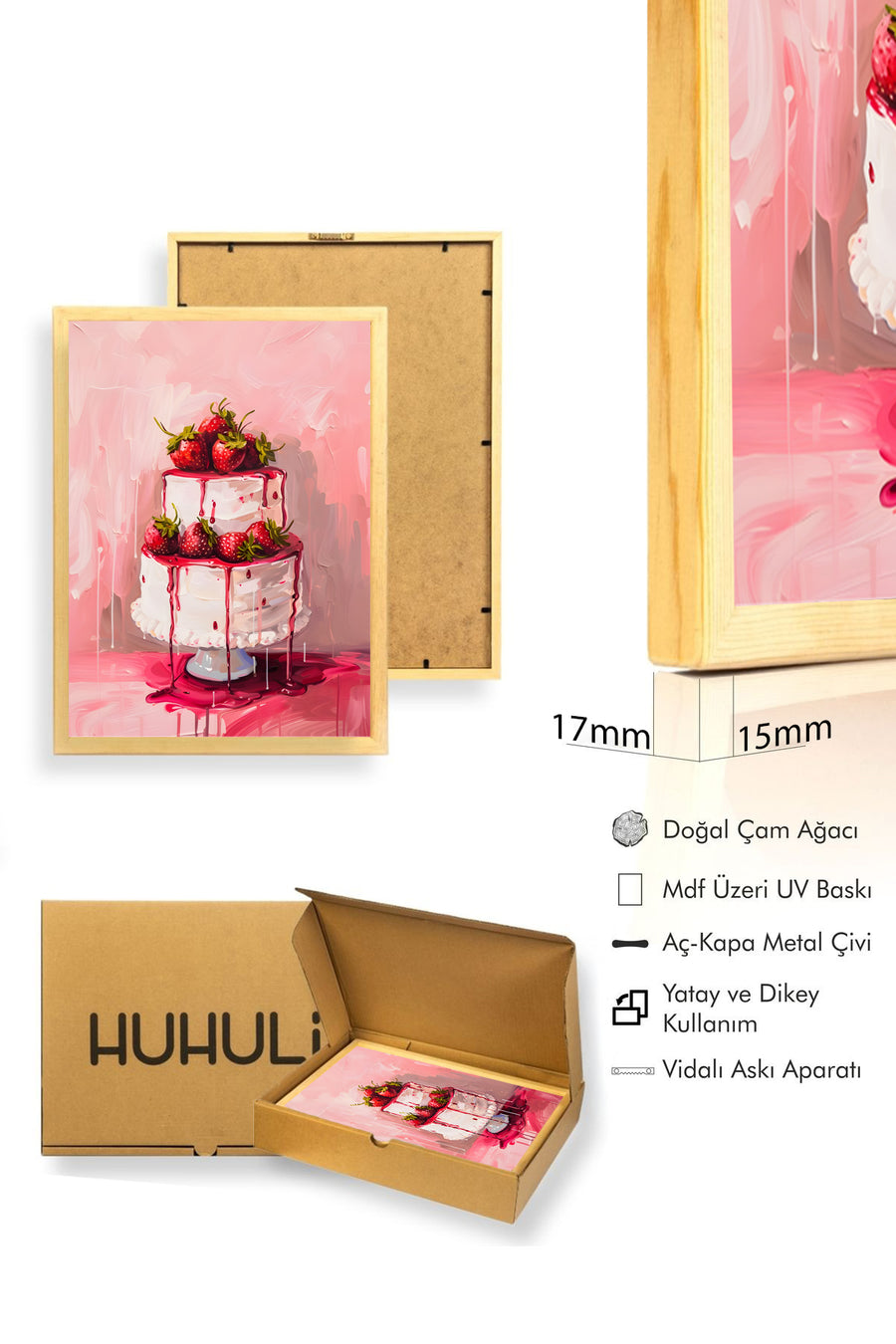 Doğal Ahşap Çerçeveli Çilekli Pasta Desenli Tablo - Retro Mutfak Temalı | huhu2571
