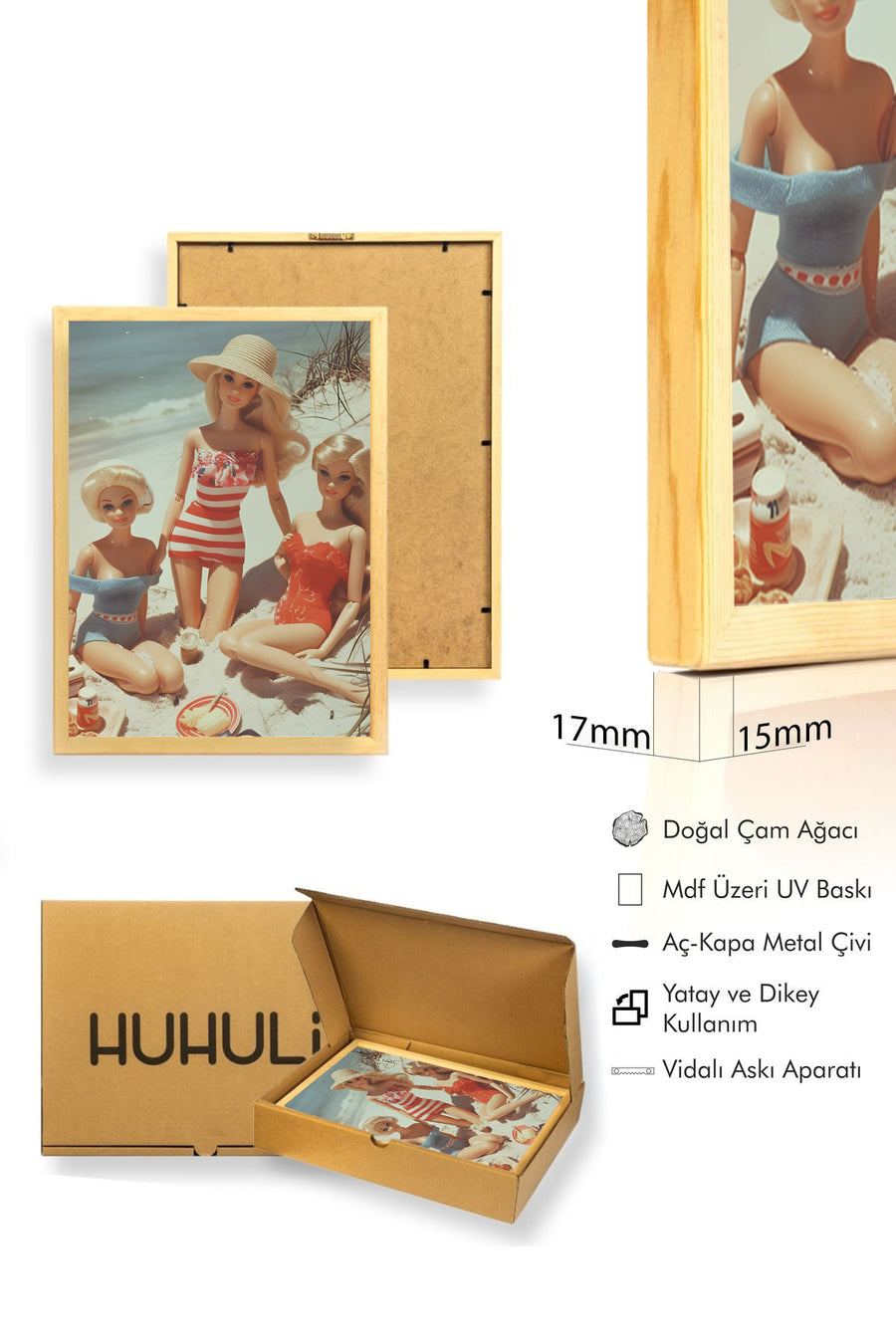 Doğal Ahşap Çerçeveli Retro Tablo - Yazlık Plaj Pop Art Desenli | huhu2572