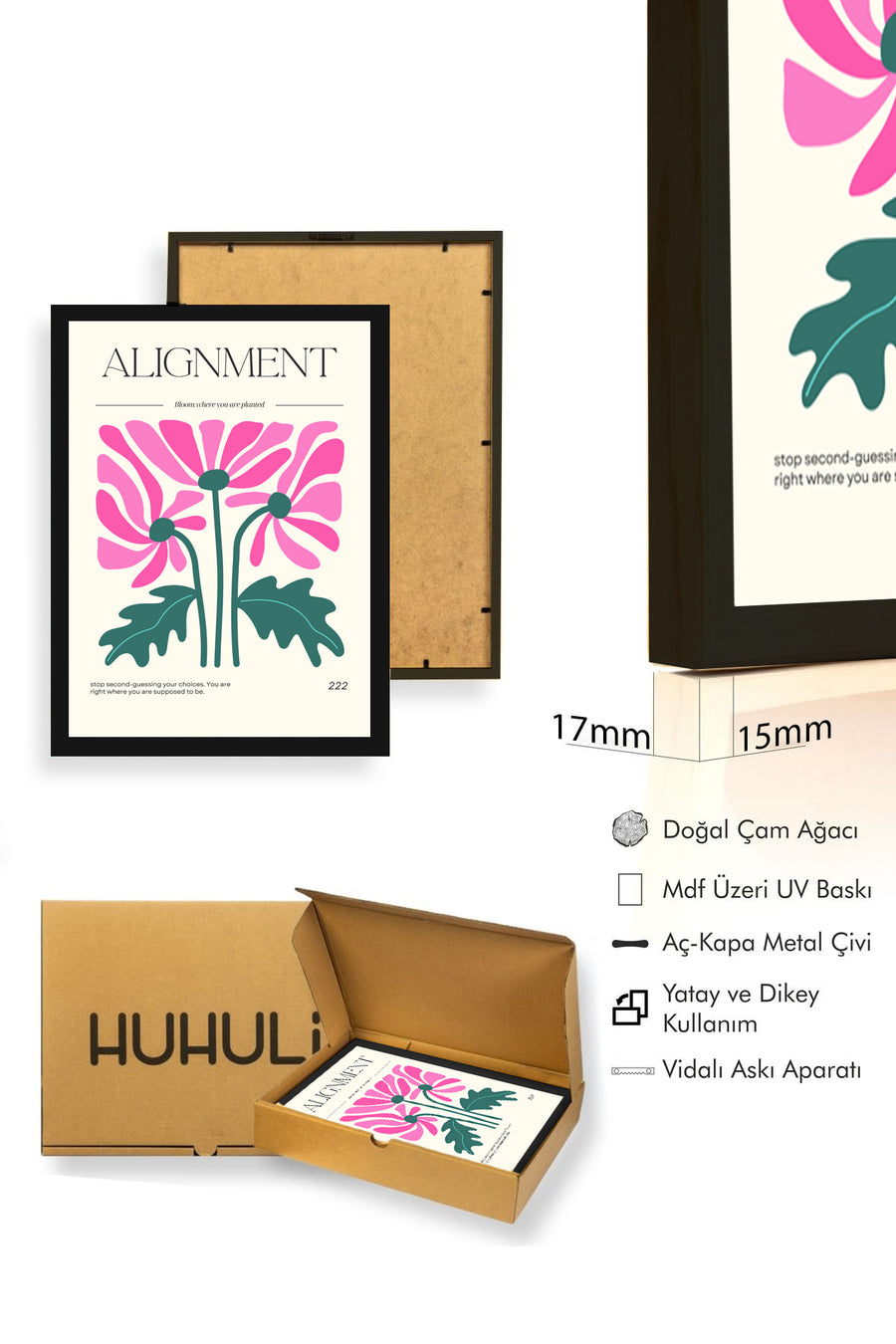 Doğal Ahşap Çerçeveli Floral Tablo - Retro Pembe Çiçek Desenli Poster | huhu2573