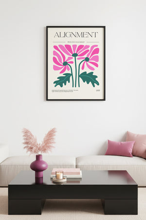 Doğal Ahşap Çerçeveli Floral Tablo - Retro Pembe Çiçek Desenli Poster | huhu2573