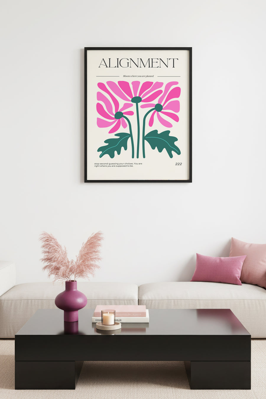 Doğal Ahşap Çerçeveli Floral Tablo - Retro Pembe Çiçek Desenli Poster | huhu2573