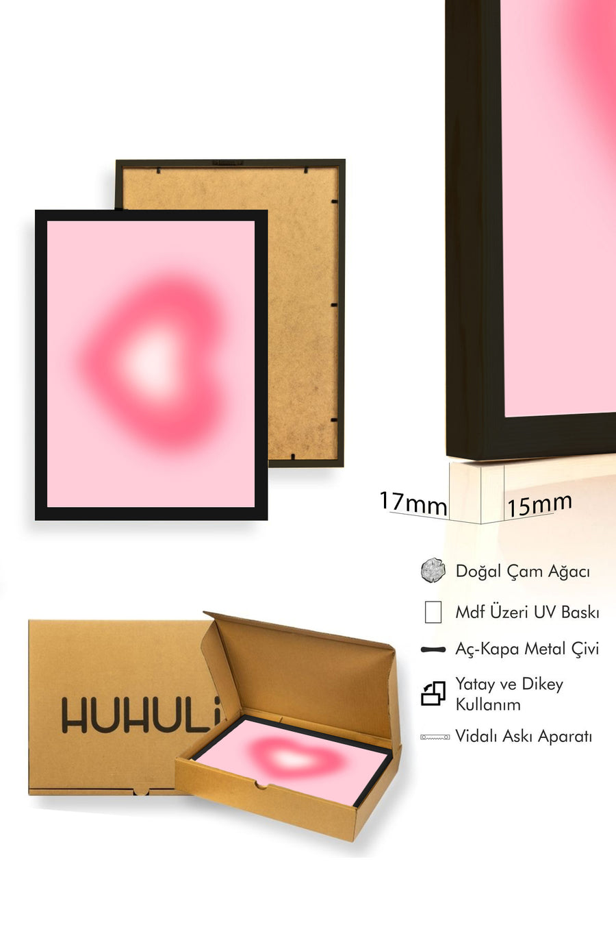 Doğal Ahşap Çerçeveli Retro Tablo - Pembe Kalp Soyut Tasarım | huhu2575