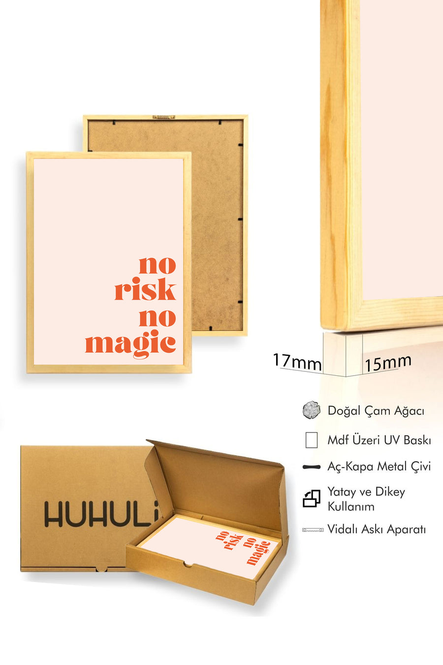 Doğal Ahşap Çerçeveli Retro Tablo - Tipografi No Risk No Magic | huhu2578