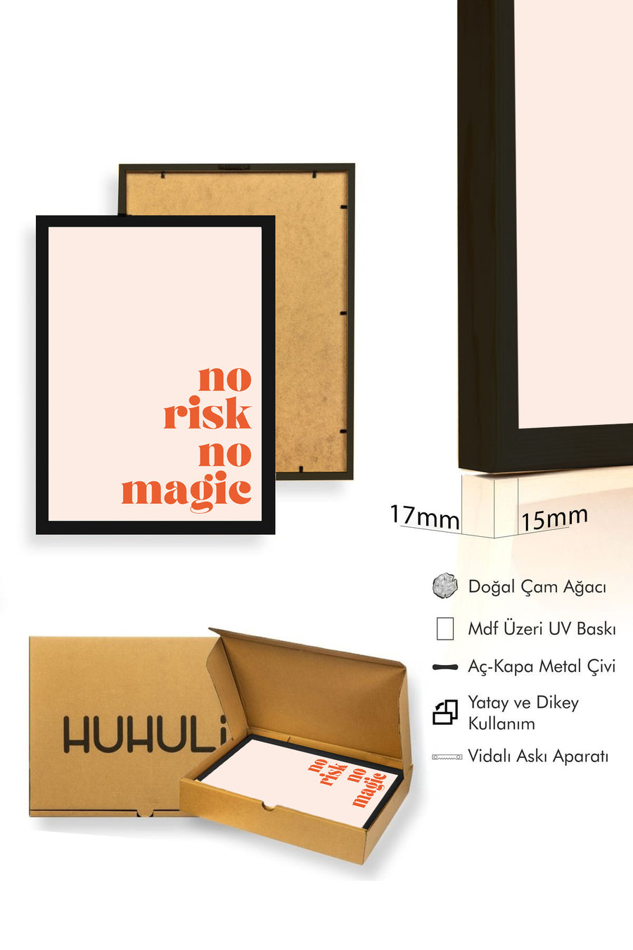 Doğal Ahşap Çerçeveli Retro Tablo - Tipografi No Risk No Magic | huhu2578