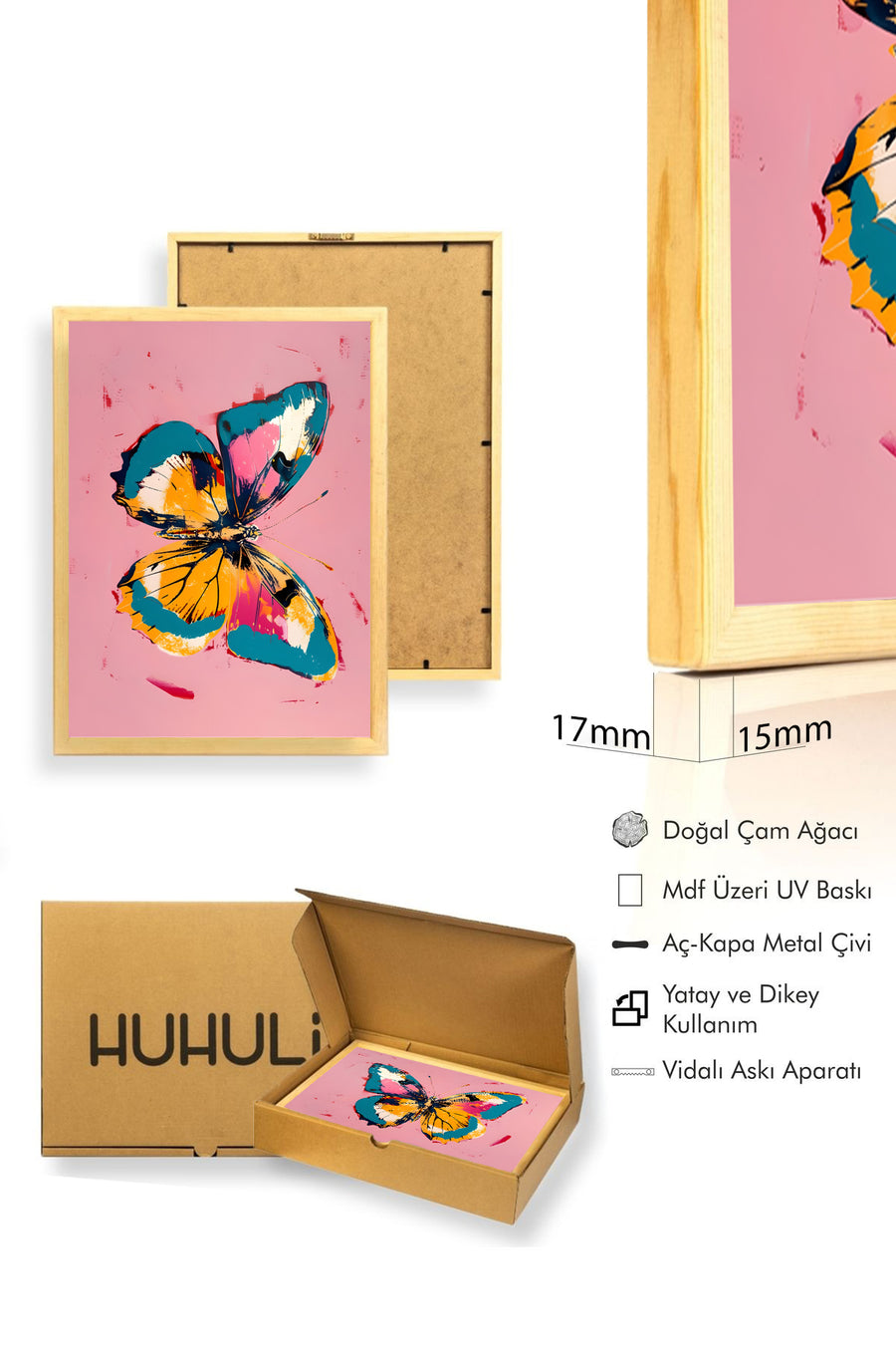 Doğal Ahşap Çerçeveli Kelebek Pop Art Tablo - Canlı Kelebek Desenli | huhu2579