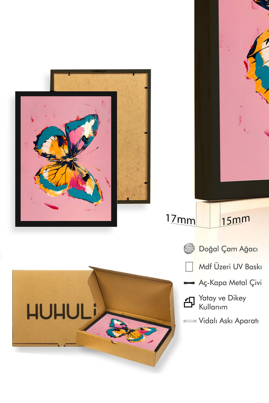 Doğal Ahşap Çerçeveli Kelebek Pop Art Tablo - Canlı Kelebek Desenli | huhu2579