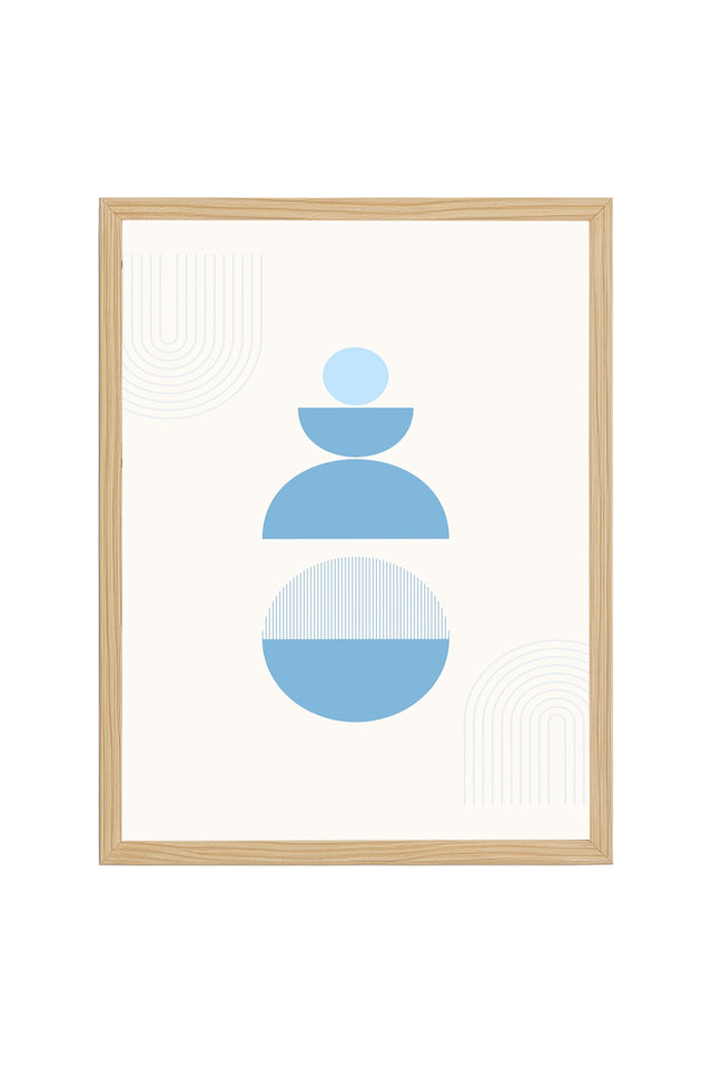 Doğal Ahşap Çerçeveli Minimalist Soyut Tablo - Pastel Maviler | huhu2582
