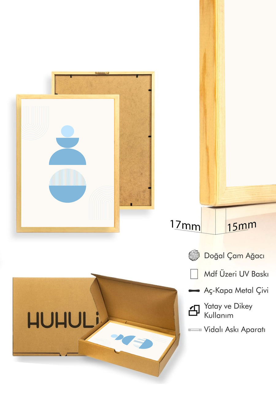 Doğal Ahşap Çerçeveli Minimalist Soyut Tablo - Pastel Maviler | huhu2582