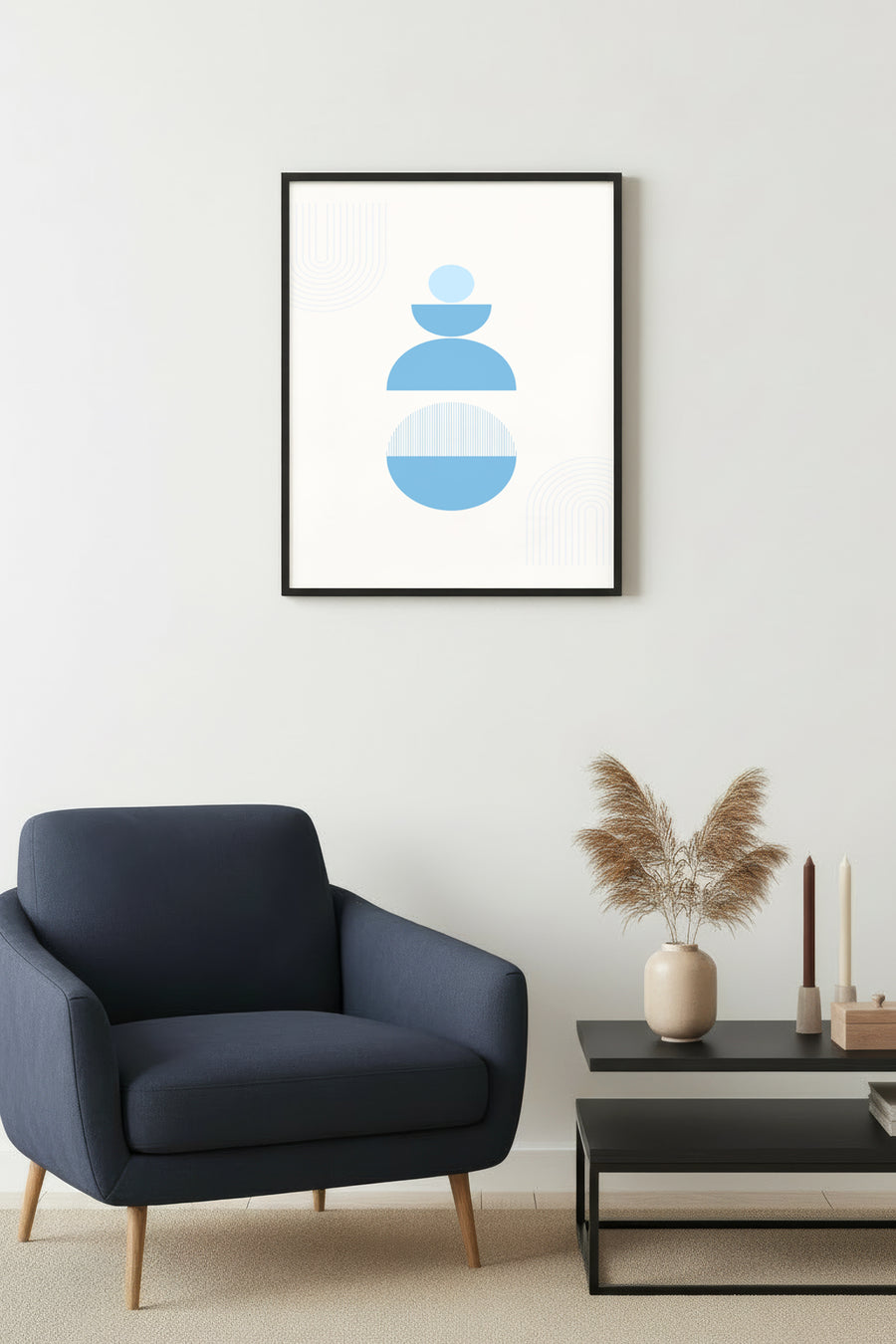Doğal Ahşap Çerçeveli Minimalist Soyut Tablo - Pastel Maviler | huhu2582