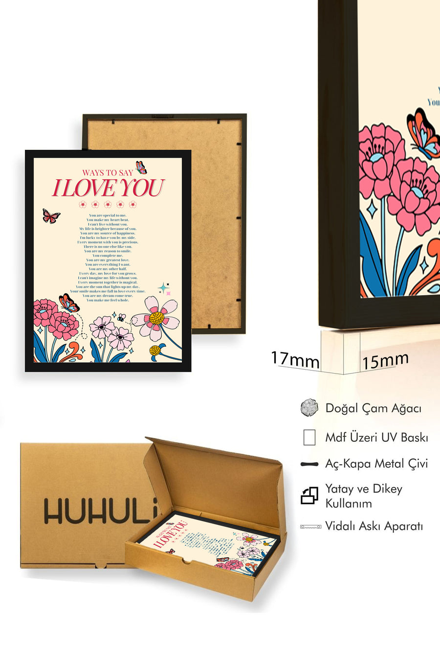 Doğal Ahşap Çerçeveli Retro Çiçekli Romantik Tablo - Aşk Sözleri | huhu2583
