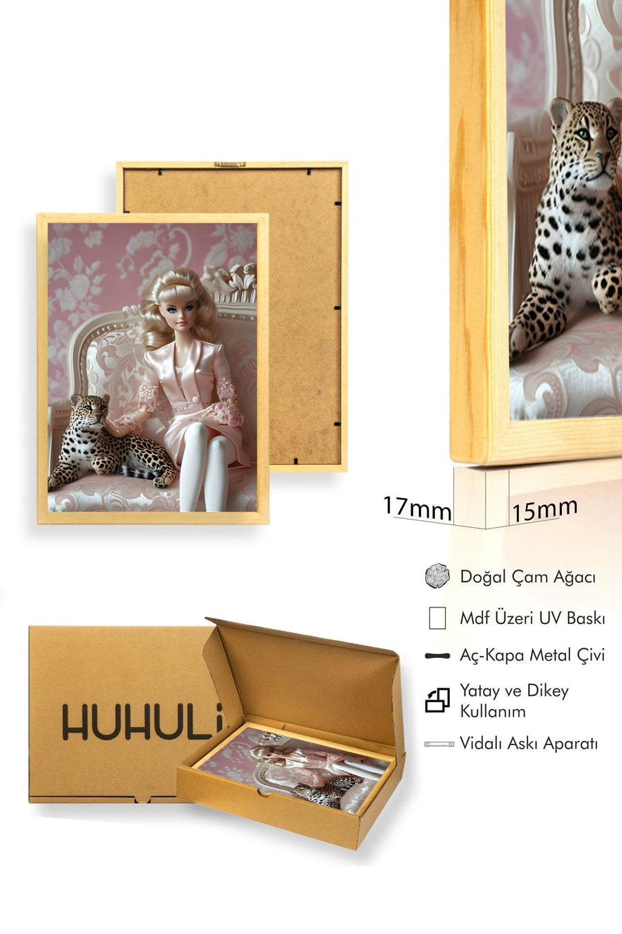 Doğal Ahşap Çerçeveli Retro Portre Tablo - Şık Figür Desenli | huhu2584